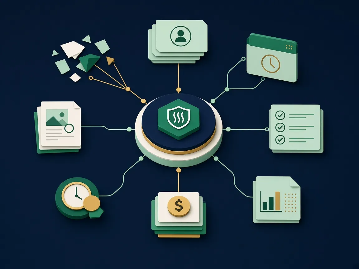 Illustration of client records, deadlines, documents and billing connected in one system.